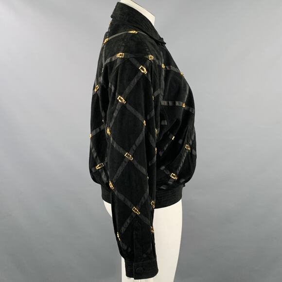 BRUNO MAGLI Size M Black Gold Suede Checkered Button Up Jacket - Picture 3 of 10